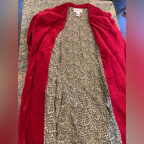 Vintage Red Corduroy Trench Coat lined with Cheetah print Size 10 - Picture 2 of 10